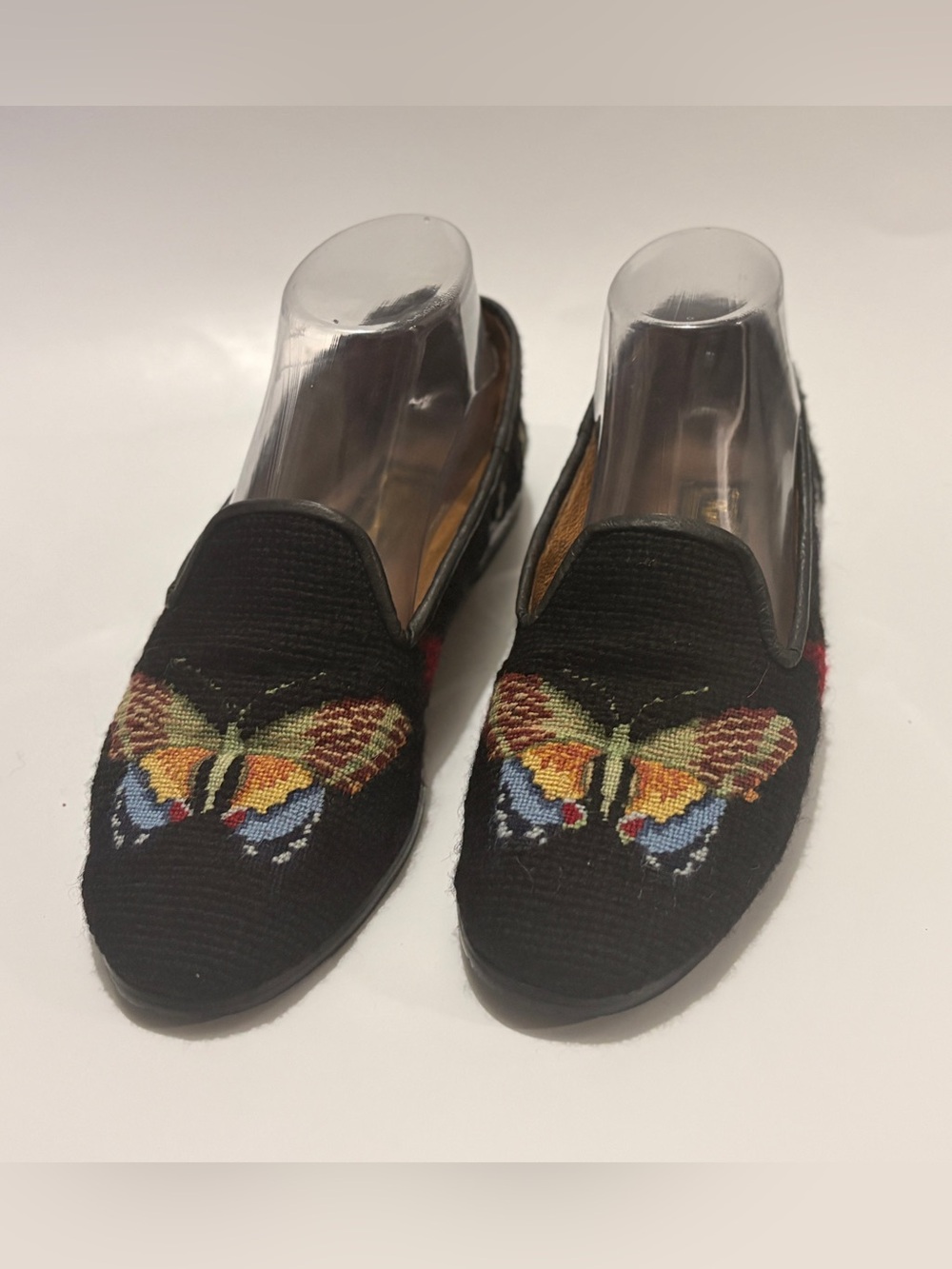 Kompany VTG Needlepoint Butterfly Smoking Slippers Woven Flats 7.5 Slip On Black